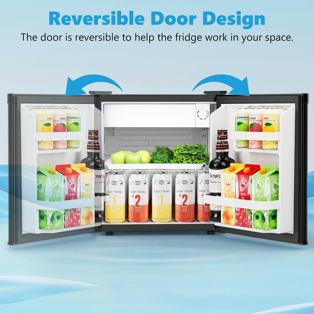 1.6 Cu.ft Mini Fridge with Freezer, Compact Refrigerator, Single Reversible Door, Ultra Quiet, Energy Efficient for Office, Dorm, Bedroom, Apartment, Black