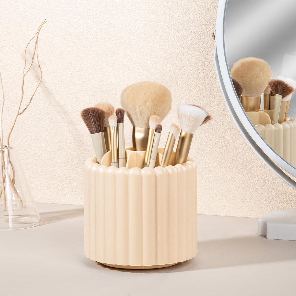 Anyoifax 360 Rotating Makeup Brush Holder 7 Slots Make Up Brush Organizer Removable Spinning Cosmetic Brushes Storage Pen Holder for Vanity, Dresser, Desk, Beige