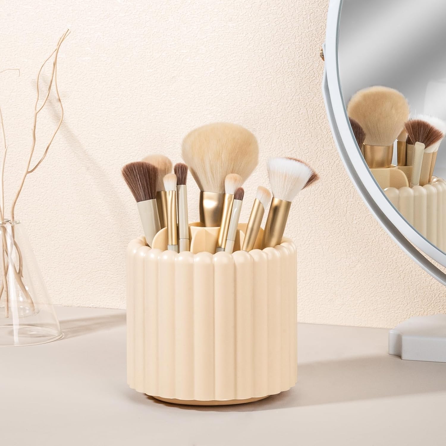 Anyoifax 360 Rotating Makeup Brush Holder 7 Slots Make Up Brush Organizer Removable Spinning Cosmetic Brushes Storage Pen Holder for Vanity, Dresser, Desk, Beige