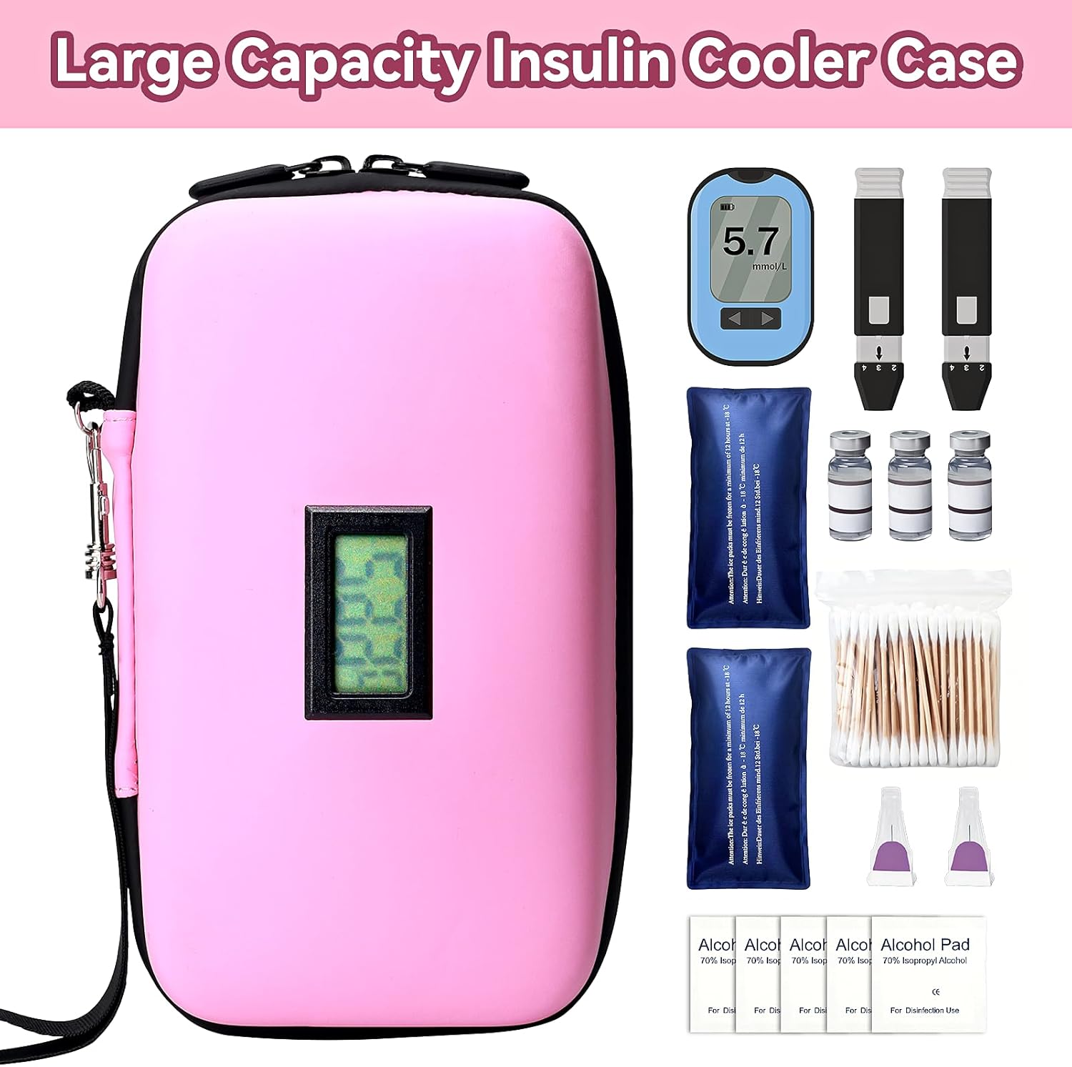 Insulin Cooler Travel Case, TSA Approved Medication Diabetic Cooler Organizer Bag with Thermometer Temperature Display 2 Ice Packs, Pink