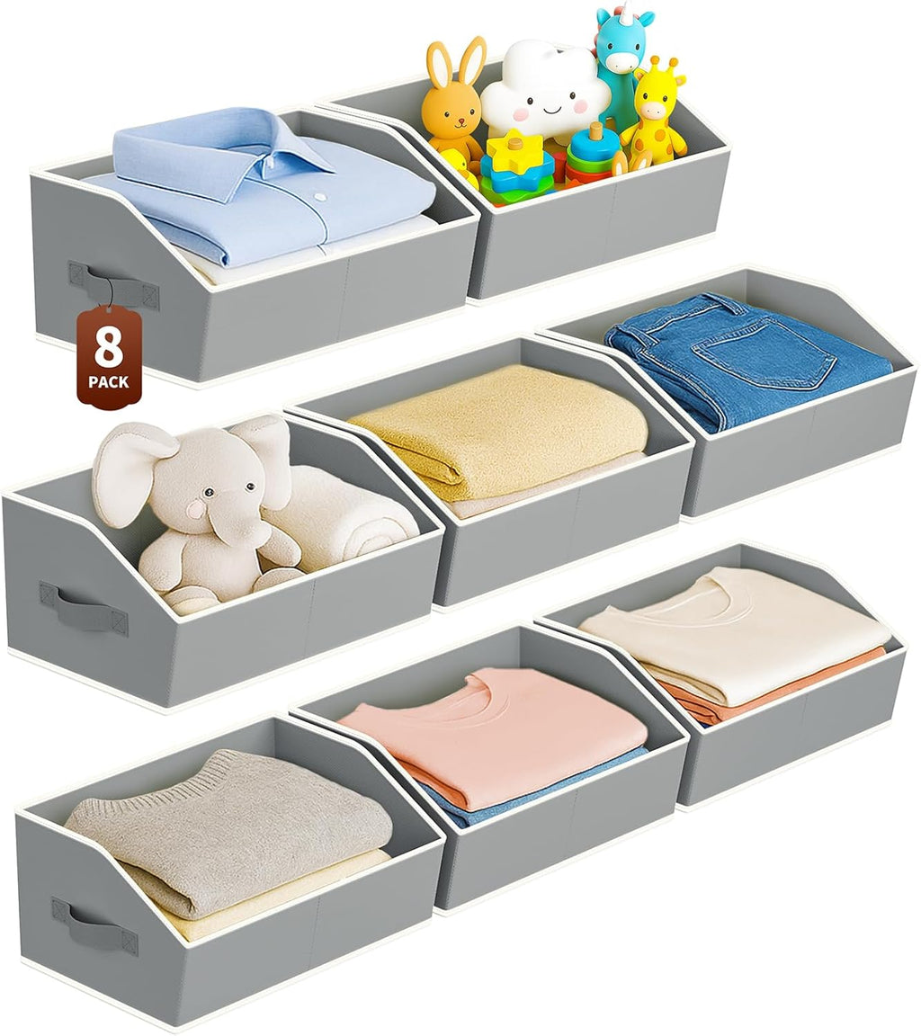 Large Closet Organizers and Storage Bins - 8 Pack Trapezoid Storage Baskets for Shelves, Foldable Fabric Baskets with Handles Ideal for Closet, Basket, Wardrobe and Shelf Storage, Grey