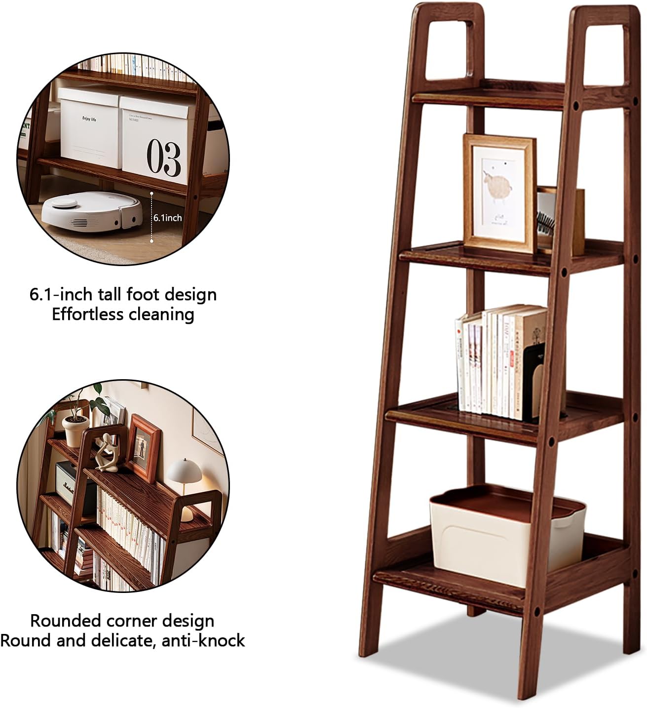 100% Solid Oak 4 Tier Ladder Shelf, Small Bookshelf, Ladder Bookshelf, Bookcase with Stable Frame, Small Table for Living Room Bedroom (Walnut,17.32" D x 16.53" W x 53.54" H)
