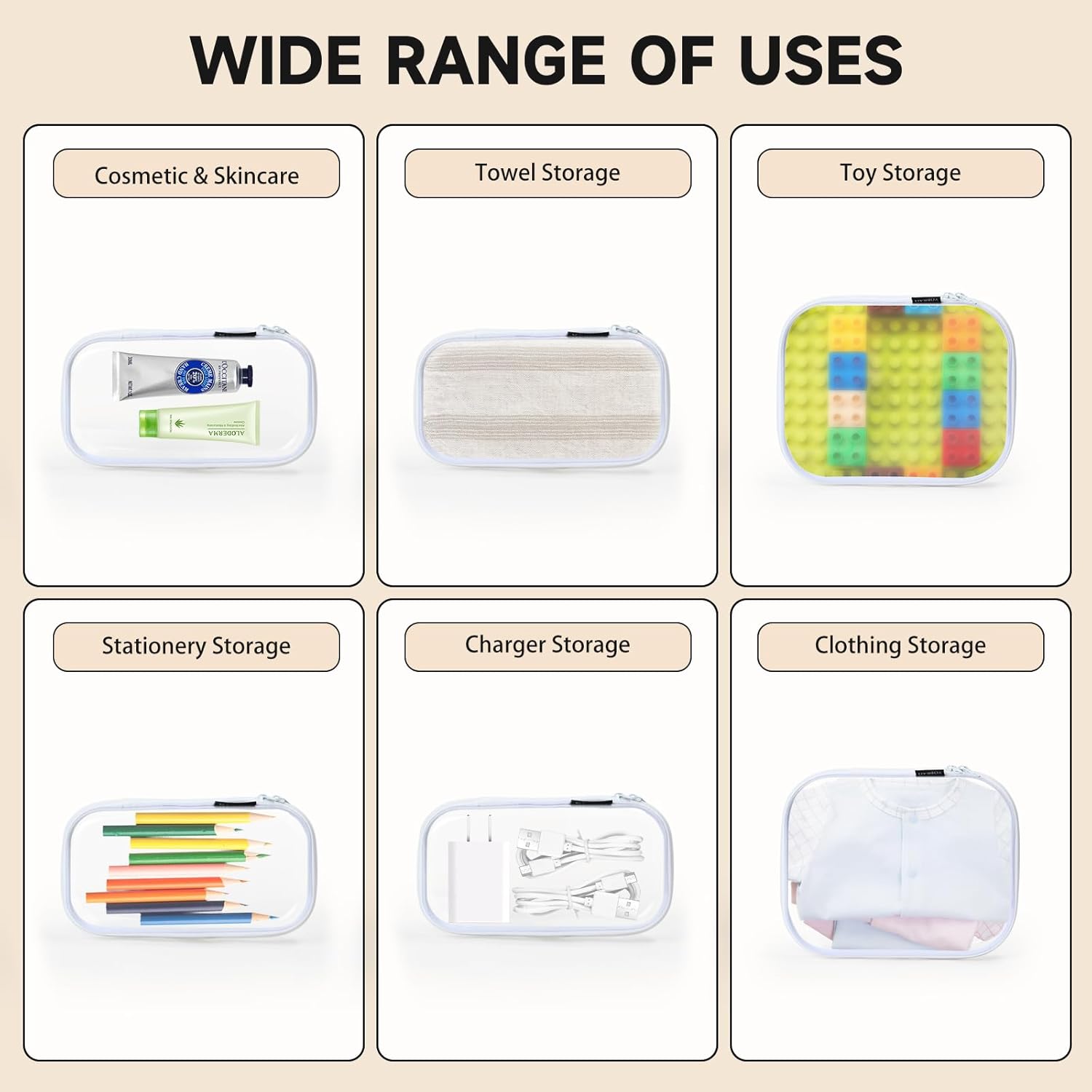 3 Pack Clear Hard Shell Zipper Case - Clear Waterproof Cosmetic Bag with Zipper, Kid's Toy Storage Organizer Bins, Charging Cables, creative journaling, painting brushes, Threads,Sketch Supplies