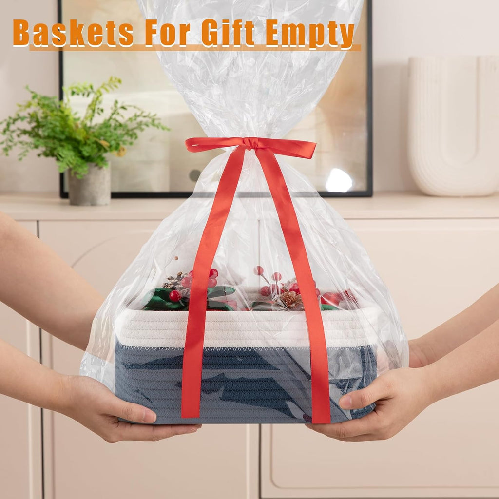 OIAHOMY 4 Pack Storage Baskets for Organizing, Small Bins for Shelves, Cute Decorative Storage Bins, Organizer Baskets for Gifts Empty, 11.8''Lx7.8''Wx4.7''H, Blue/White