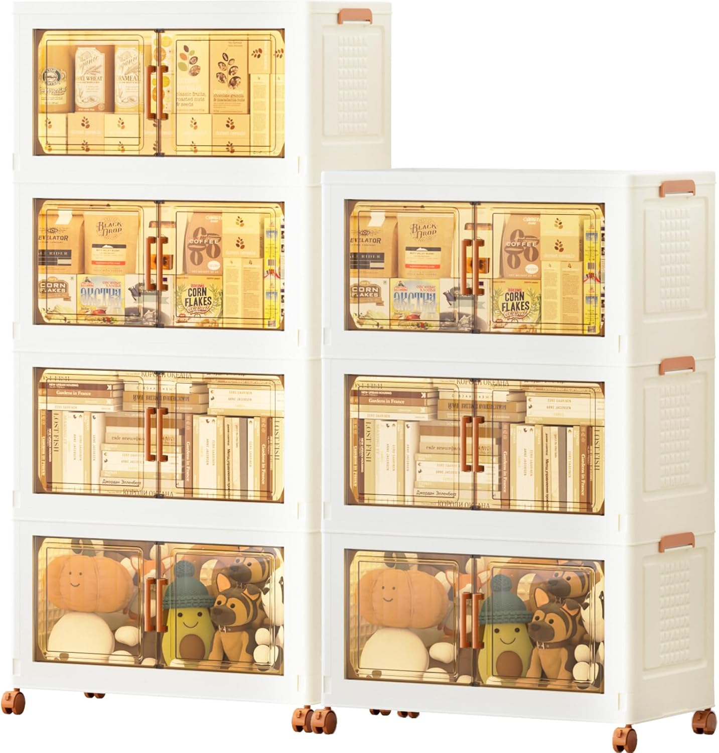 JEKO&JEKO 756 Qt Plastic Storage Bins with Lids, Doors & Wheels, 7 Pack Extra Large Stackable Collapsible Storage Cabinets and Closet Organizers for Home Office, Cream