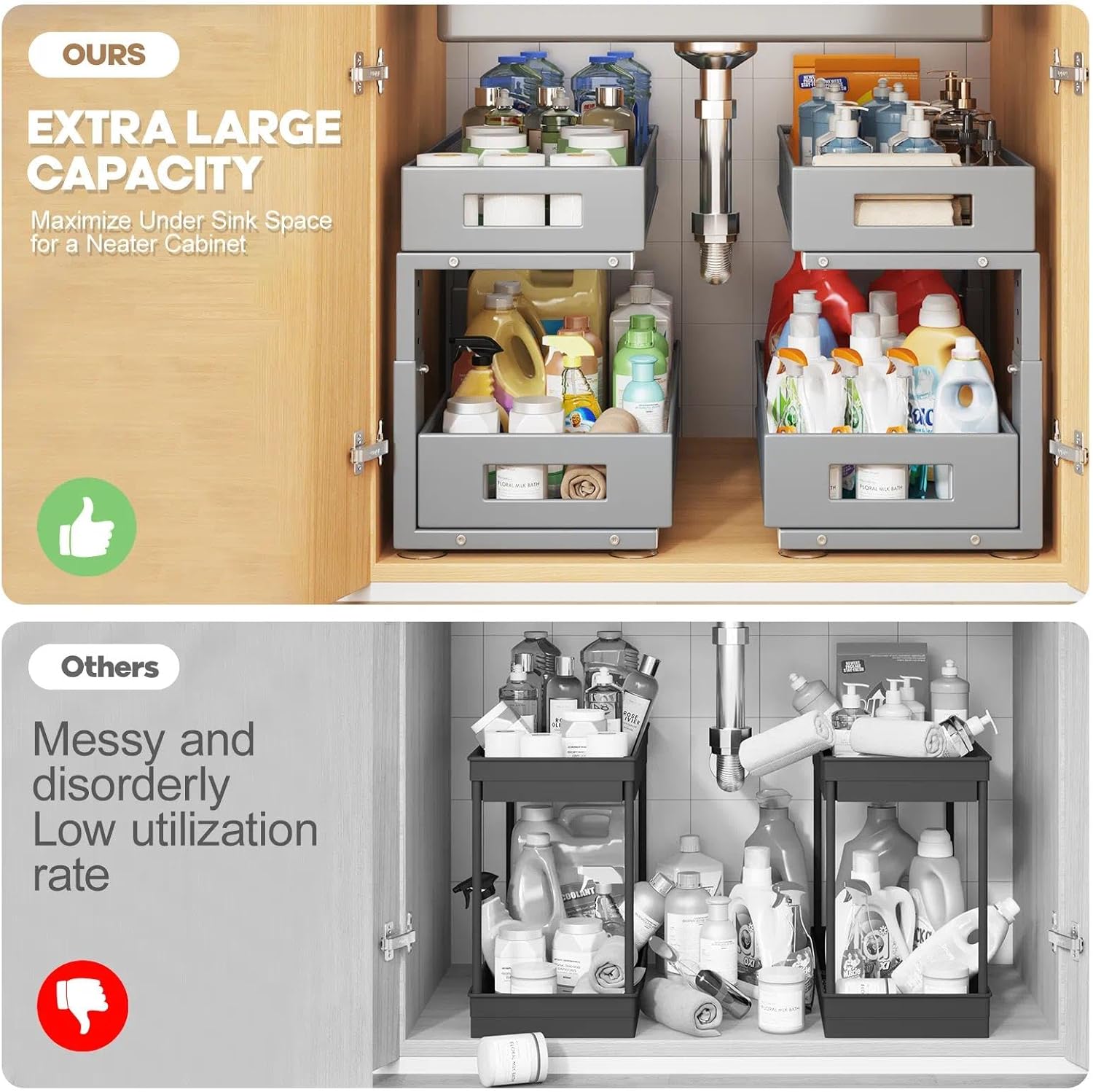 1 Pack 19IN Depth Under Sink Organizer, 2-Tier Pull Out Cabinet Organizer With Smooth Circular Rail, Large Capacity Metal Mesh Sliding Drawers For Bathroom& Kitchen Storage,Height Adjustable-Gun Gray