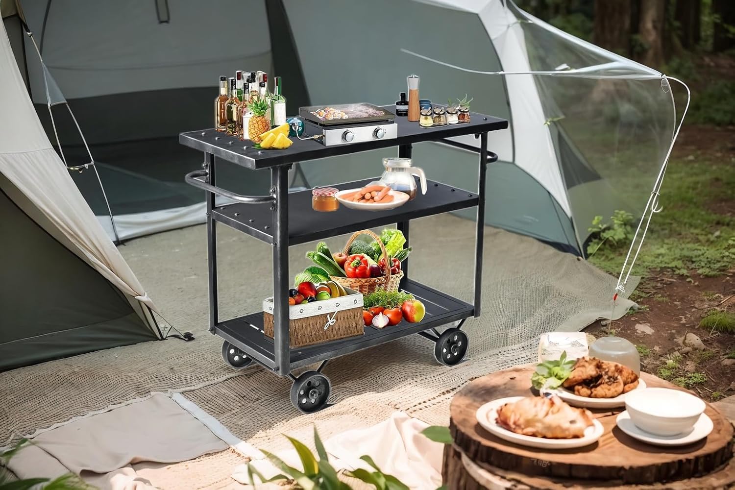 Industrial 3 Tier Mobile Bar Cart Rustic Metal Serving Cart with Wheels and Side Handles Vintage Rolling Kitchen Stand Cart-LxWxH: 36.2 * 15.75 * 30.5inch