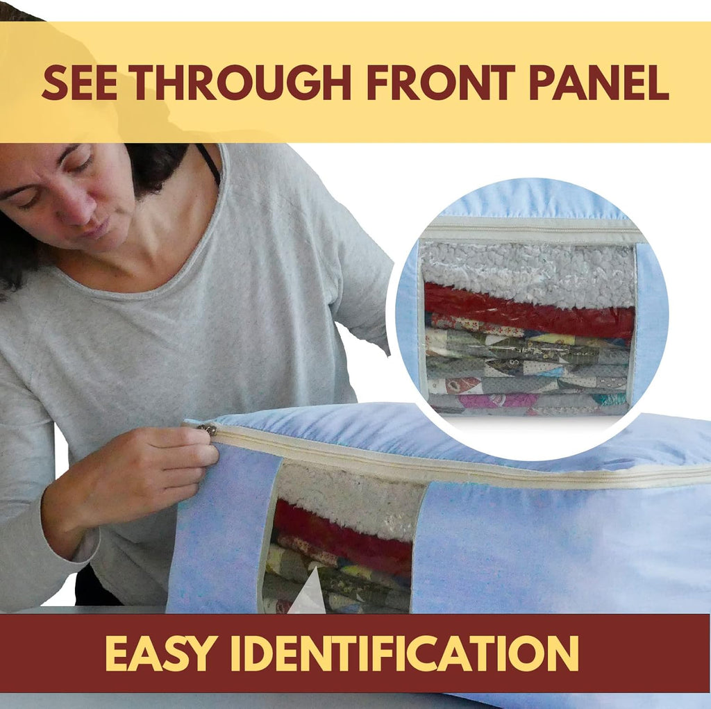 Madam Sew Quilt Blanket Storage Bag|Blanket Organizer|Comforter Storage for Clothes, Quilts, Bedding|Linen Bag Storage with Visible Front Panel, Strong Handles & 2-Way Zipper - Periwinkle 22x15x8"