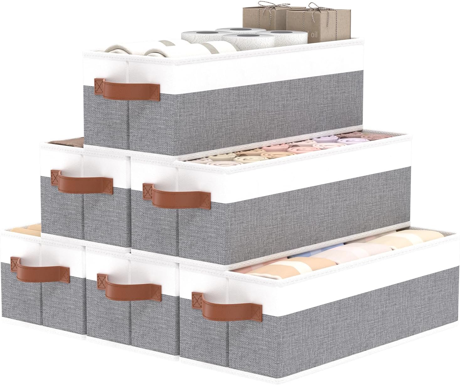 OUTBROS Storage Bins,Foldable Storage Baskets for Organizing,Fabric Storage Boxes With Handles,For bedrooms, living rooms, Shelves,Gray/White,15x6.1x5.1in,6-Pack