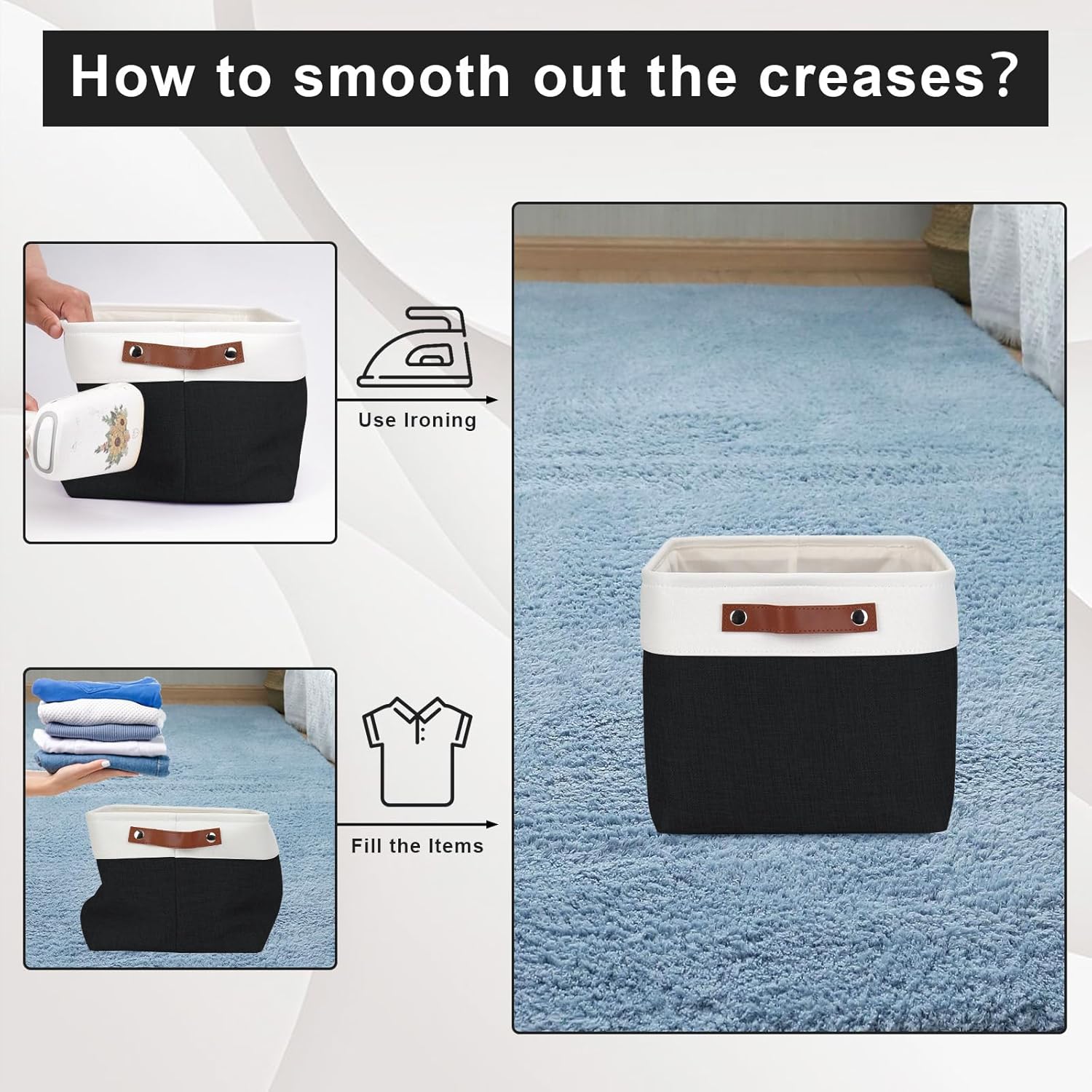 Storage Bins Large Fabric Storage Baskets for Shelves 3 Pack, Decorative Linen Closet Baskets with Handles for Organizing, Shelf, Clothes, Home, Office, 15x11x9.5Inches (Black&White)