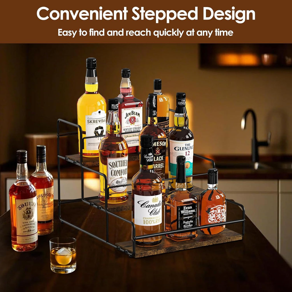 Nuovoware Liquor Bottle Display Shelf, 3-Tier Liquor Shelf, Carbon Steel Bar Cabinet with Wooden Base and Retainer Bar for Whiskey Syrup Wine, Wine Rack for Countertop Kitchen Coffee Bar, Black