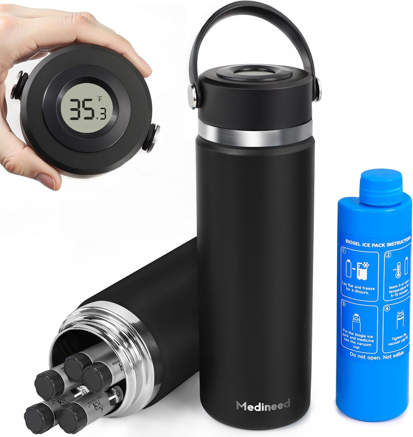 Insulin Cooler Travel Case Tsa Approved, 3-5 Pens Medicine Travel Cooler Temp Display, Diabetes Case with Reusable Ice Pack, Refrigerated Medication Organizer for Diabetic Supplies (Black)