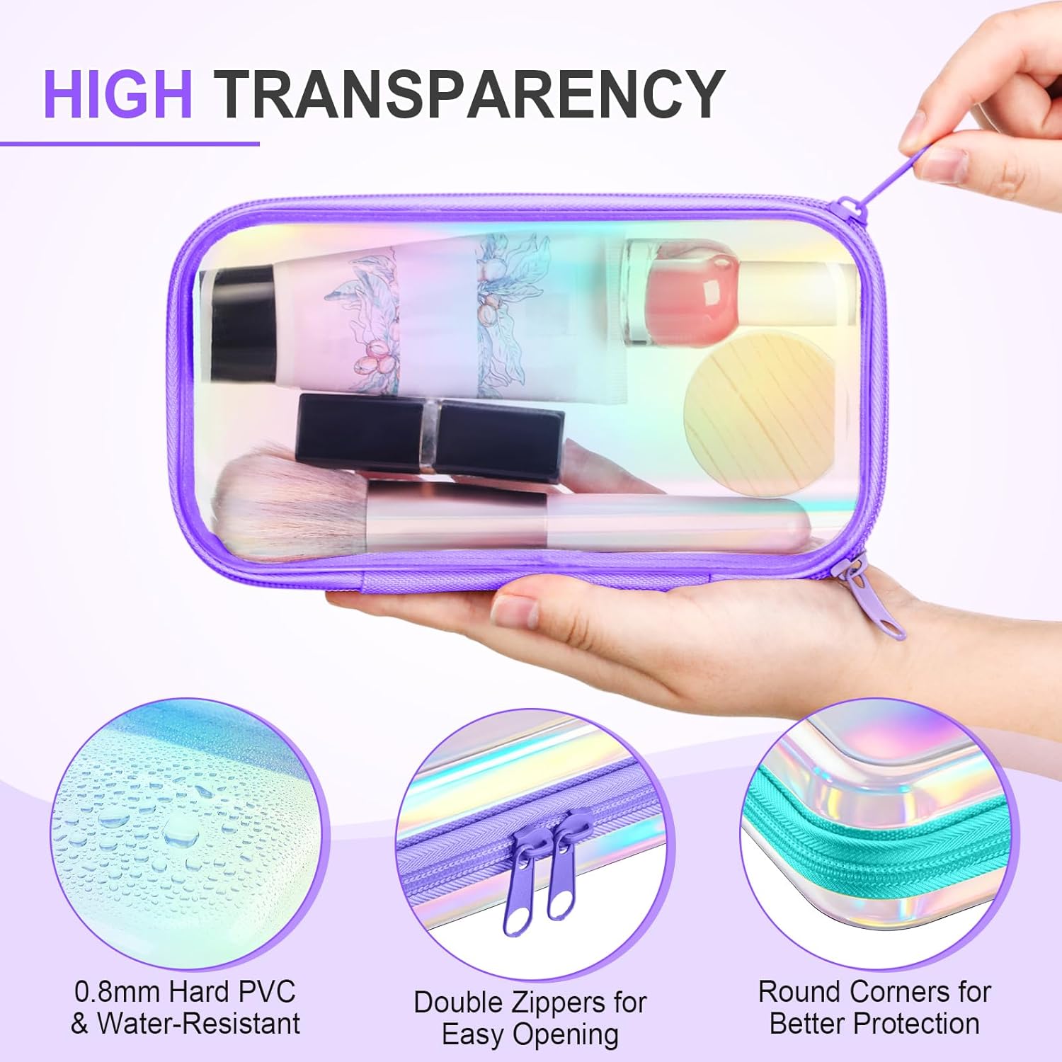 Sanwuta 6 Pcs Clear Hard Zipper Case Hard Plastic Zipper Pouches Transparent Makeup Bag Pencil Pouches for Travel Snacks Christmas Trinket Storage Organizer Box(Holographic,7.48 x 3.94 x 2 Inch)