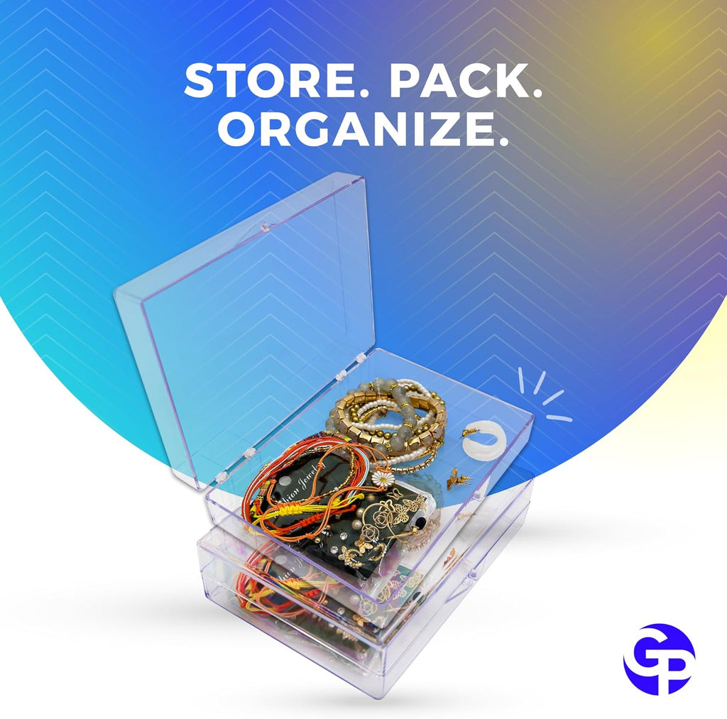 4-Pack Clear Hinged Plastic Containers, Keepsake Storage Boxes, 7"L x 5"W x 1.75"H, Made in USA, Plastic Display Case, Bead Storage or Craft Organizers and Storage Container