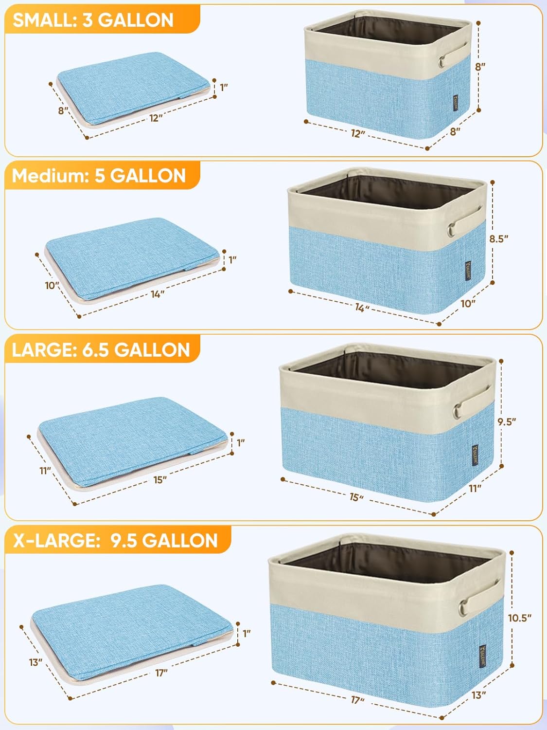 BALEINE 2 Pack Fabric Storage Bins for Shelves, Linen Storage Baskets for Organizing, Decorative Closet Bins for Clothes, Home (Skyblue, 14''x10''x8.5'')