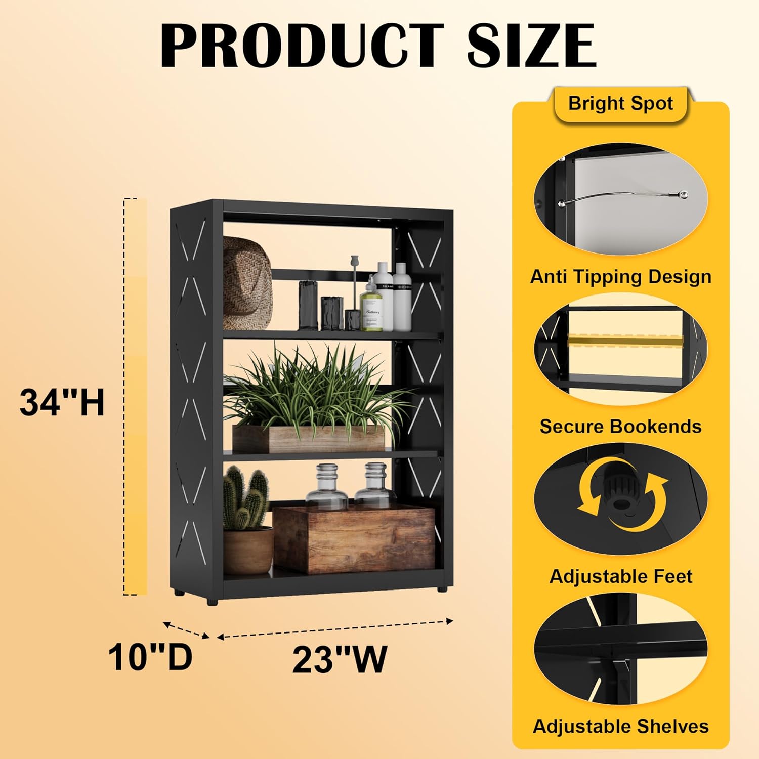 Industrial Bookshelf,3 Tier Bookcase,34" Black Metal Small Bookshelf with Adjustable Feet and Adjustable Shelves,Home Office Bookcase Shelf Storage Organizer for Living Room Kitchen.