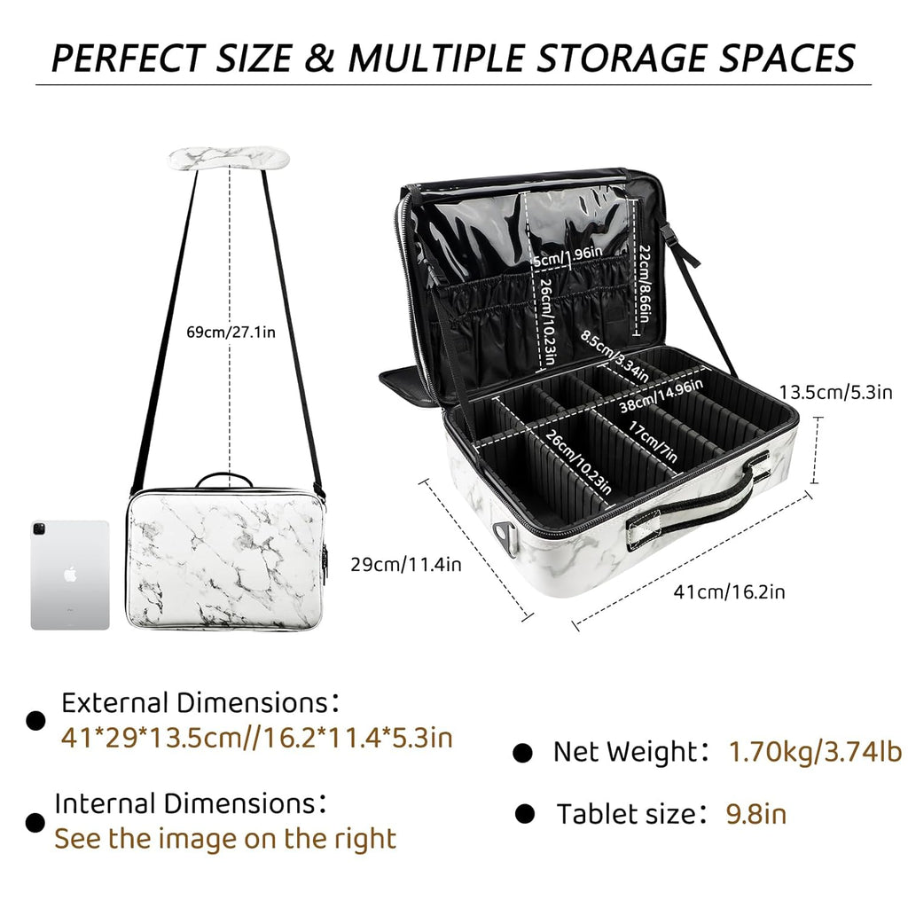 gzcz Large Capacity Travel Makeup Case Organizer,Professional Cosmetic Bags for Women,Waterproof PU Leather Makeup Bag with Adjustable Dividers and Shoulder Strap for Brushes and Jewelry