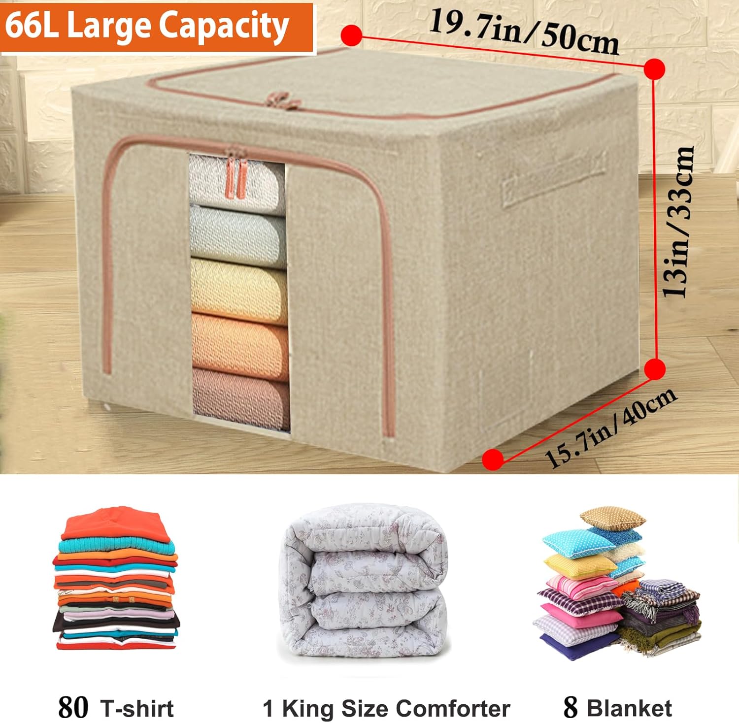 Large Storage Bags,Stackable Clothes Storage Bins with Hold Shape Metal Frame,Foldable Closet Organizer Containers with Zipper,Clear Window,Thick Fabric for Seasonal Clothing,Bedding (3 Pack, 66L)