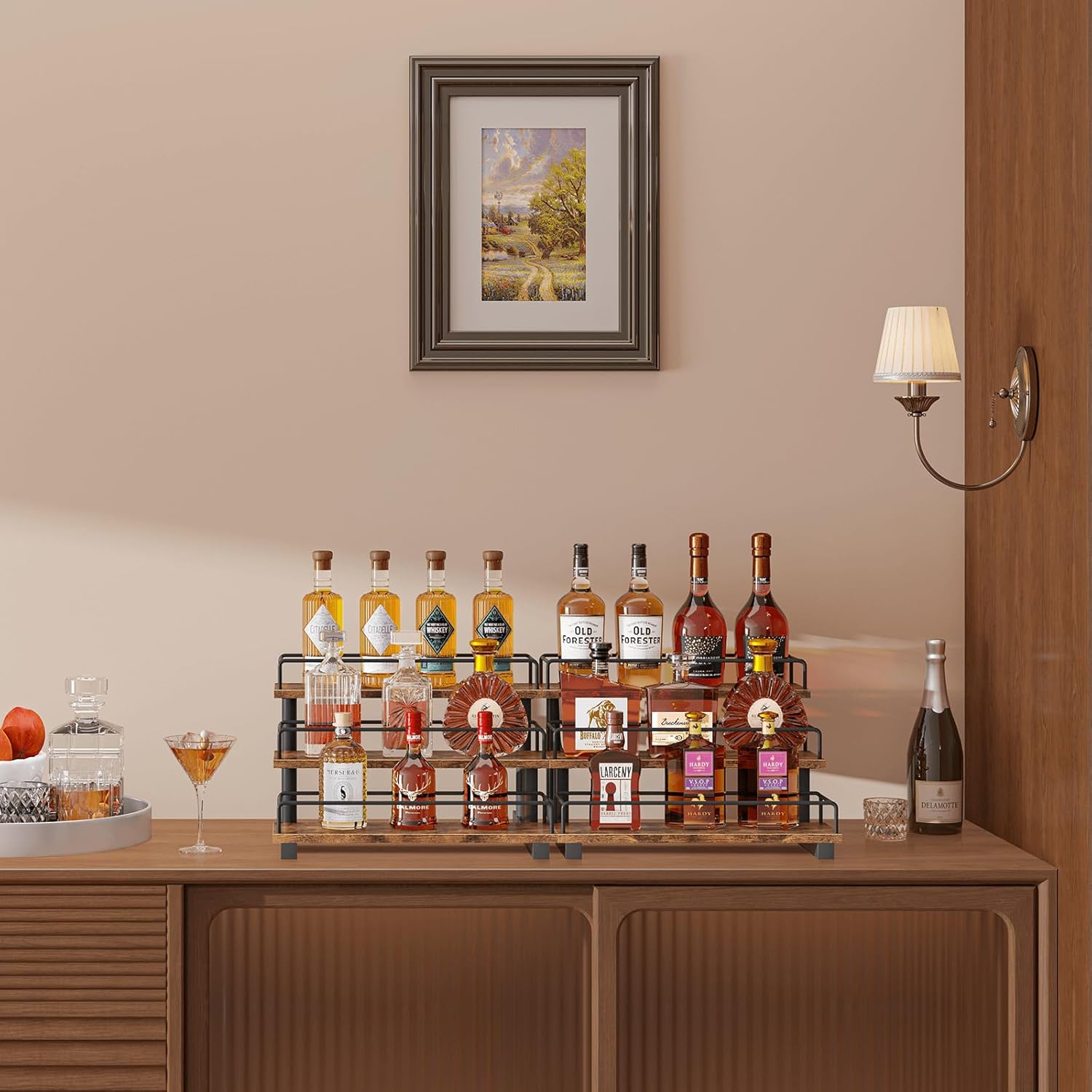 Homode Liquor Bottle Display Shelf, Coffee Syrup Rack Organizer, 3 Tier Wine Rack Countertop, Home Retro Bar Shelf Stand Holder for Liquor Whiskey Spirits, Mini Bar, Liquor Cabinet, Rustic Brown