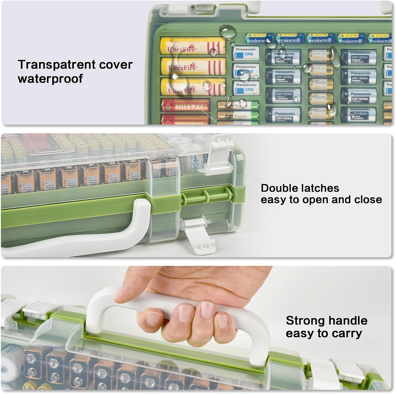 Battery Organizer Storage Holder Case with Double-Sided, Garage Box with Tester Checker. Batteries Container for 269pcs AA AAA AAAA 3A 4A 9V C D Lithium 4LR44 CR2 CR123A CR1632 CR2032 18650 -Green