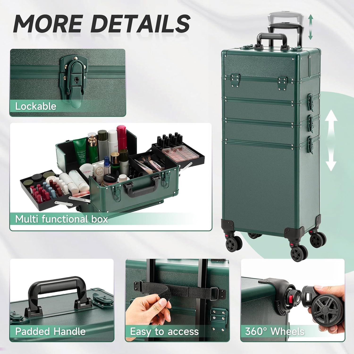 Leeora&Leekoo Portable Multi-Storey Nail Case for Nail Tech Organizer - Wheels Makeup Case Organizer, Cosmetic Case, Makeup Train Case, Make Up Case (Green)