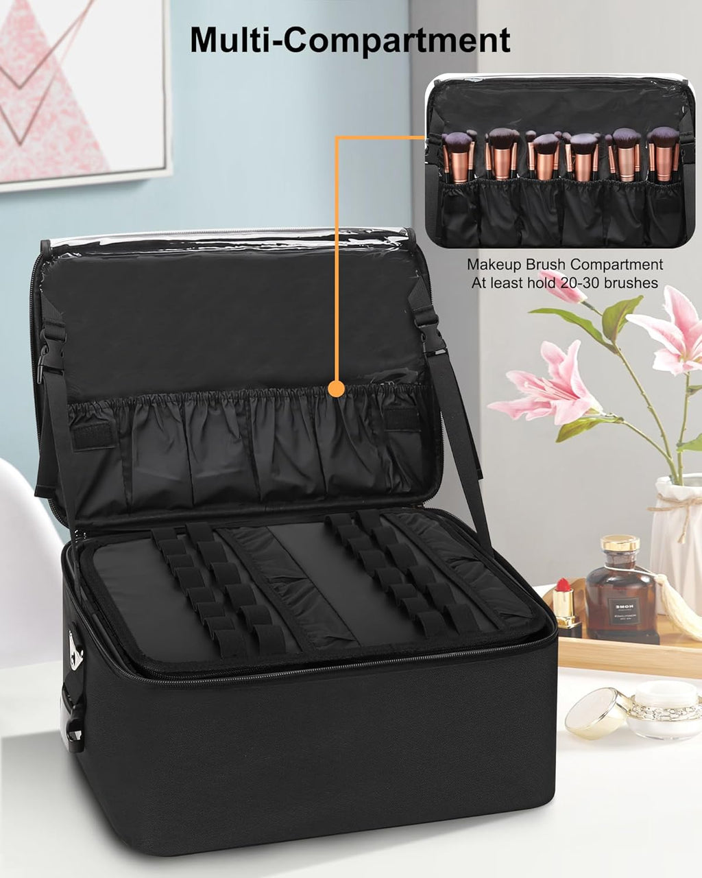 Relavel Makeup Bag Large Makeup Case Professional Cosmetic Storage Organizer Box Brush Holder with 3 Clear Set Bags for Makeup Artists with Shoulder Strap & Adjustable Dividers