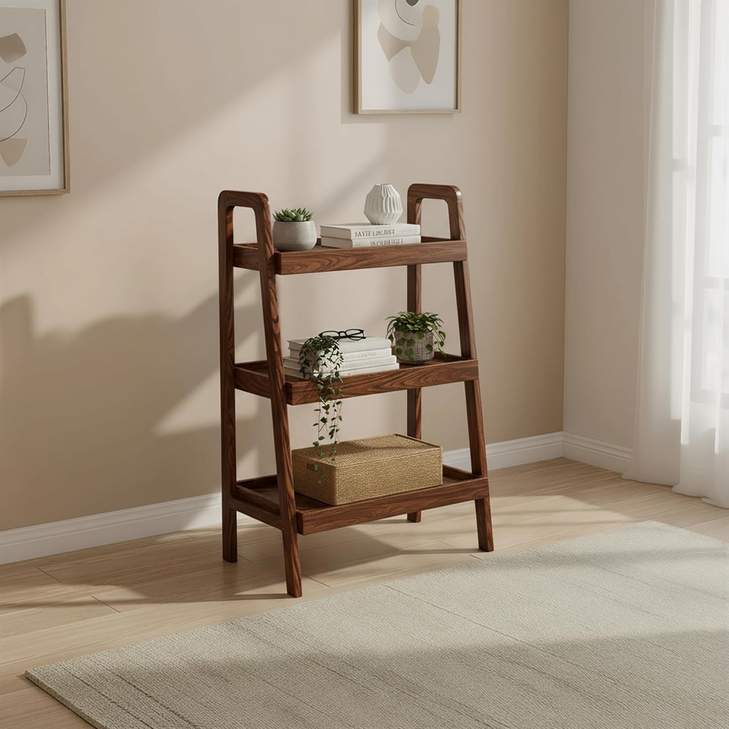 100% Solid Oak 3 Tier Ladder Shelf for Saving Space, Tall Nightstand with Stable Frame for Bedroom, Small Side Table for Living Room Office(Walnut, 13.4" L x 25.6" W x 36.2" H)