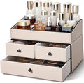 KINGFOM Leather Makeup Organizer with 3 Drawers, 2 Tier Cosmetic Storage Organizer for vanity Dresser Countertop and Bathroom Vanity, Beauty Holder for Lipstick Brush Skincare (Beige)