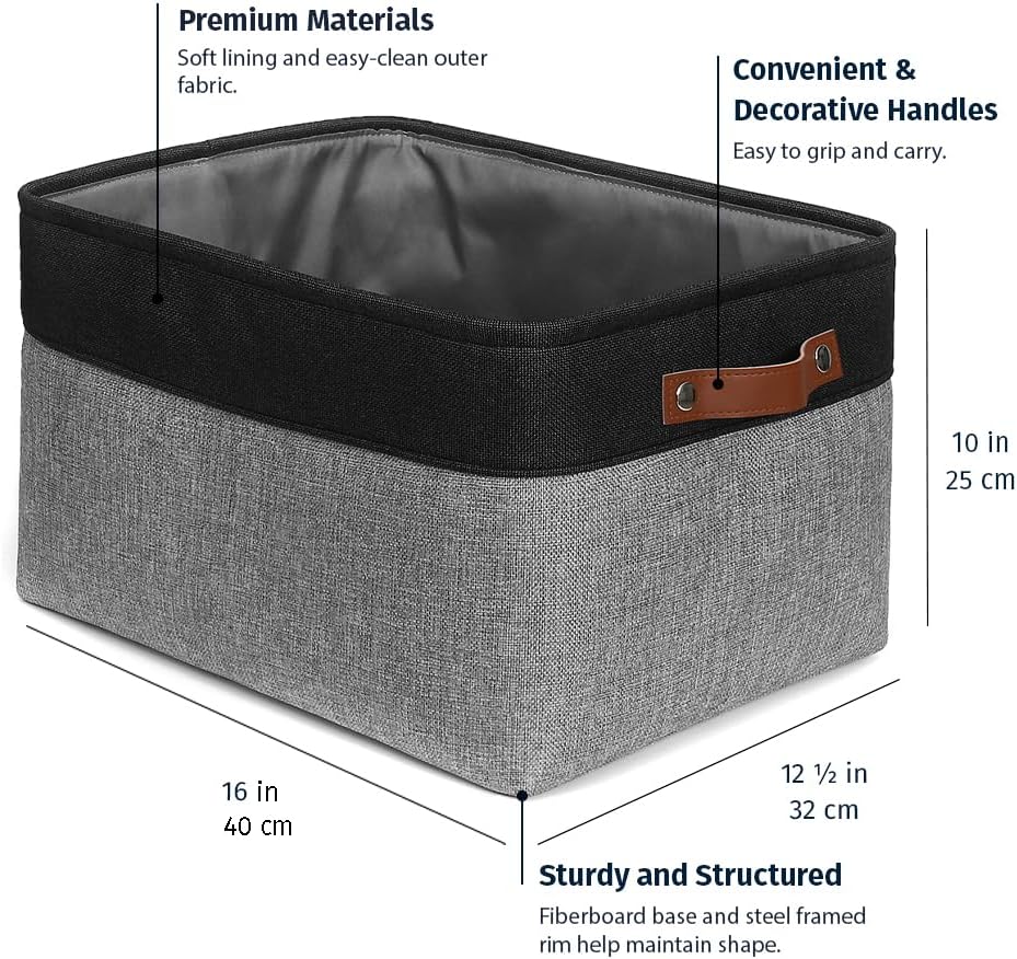 OrganiHaus Extra Large Fabric Storage Baskets for Shelves 3 Pack, 16x13in Closet Storage Bins for Shelves, Canvas Baskets for Organizing, Linen Closet Organizers, Cloth Basket, Gray/Black
