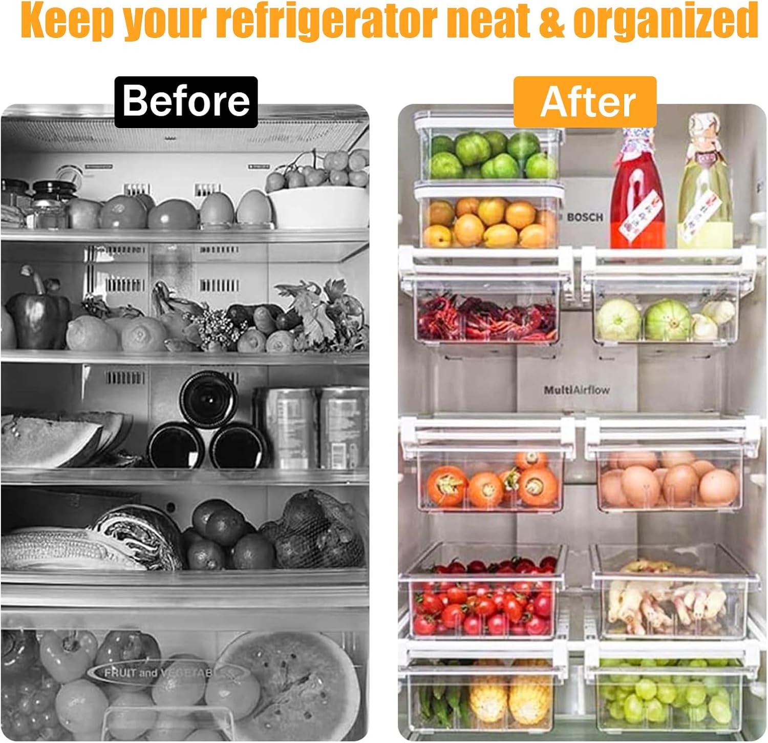 URALFA 2 Pack Fridge Drawer Organizer Egg Holder For Refrigerator Pull Out, Refrigerator Drawers for Fruit and Vegetable, Transparent Organization and Storage Box Fit for Fridge Shelf