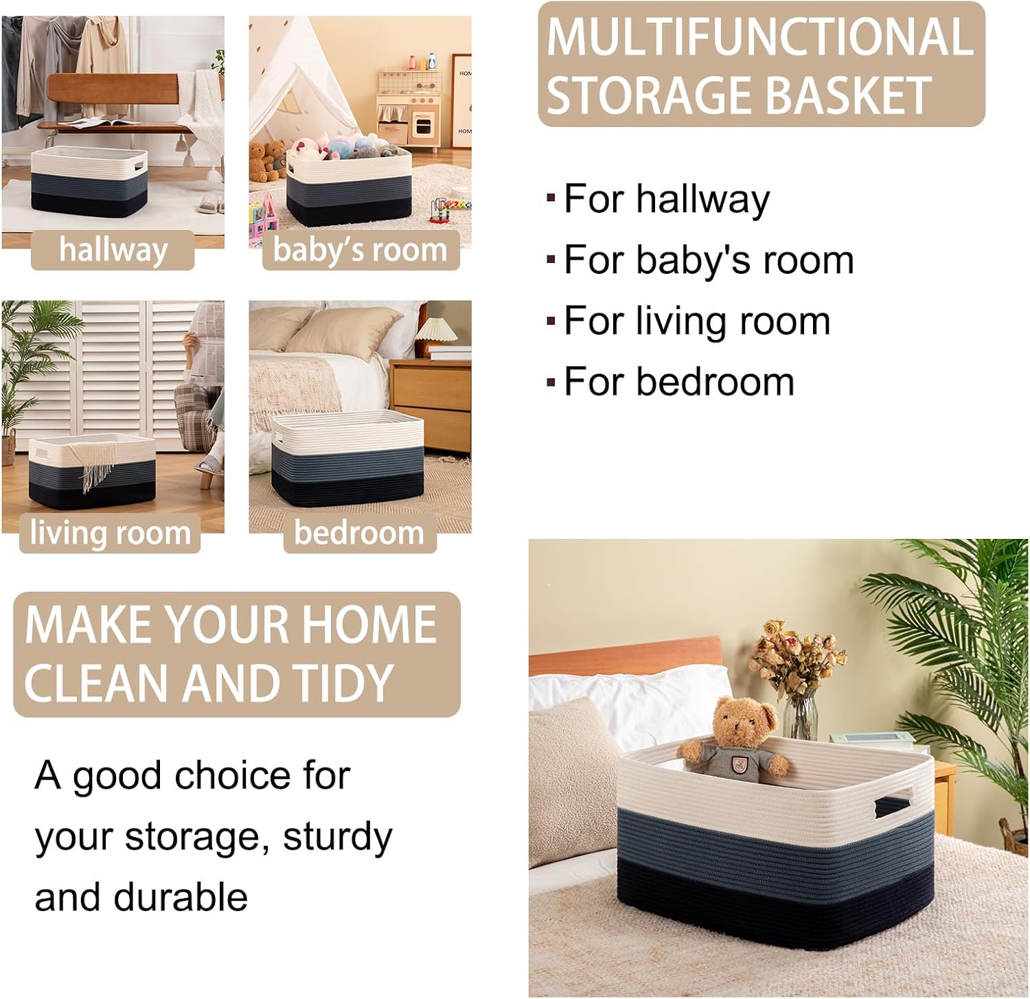 OIAHOMY Large Blanket Basket, 22”x17”x12” Rectangle Woven Baskets, Nursery Blanket Storage Living Room, Toy Storage With Handle, Large Baskets for Organizing-Gradient Blue