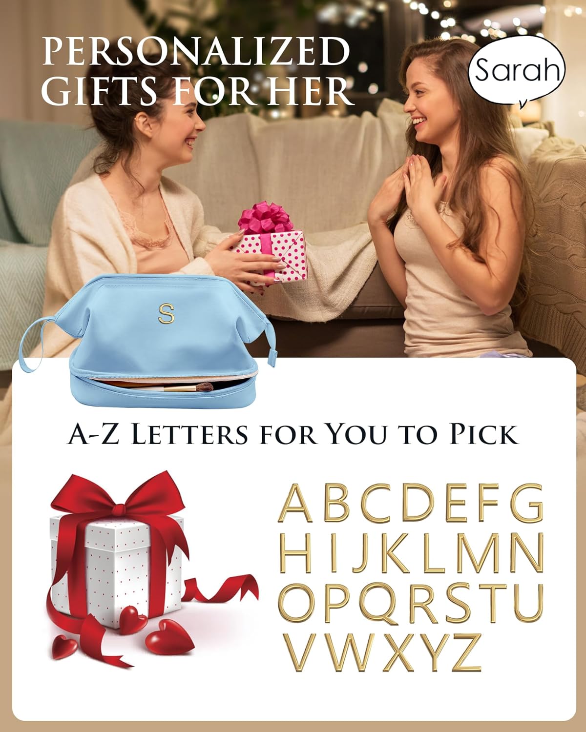 Initial Large Makeup Bag, Gift for Women Personalized Double Layer Cosmetic Bag with Makeup Brush Organizer, Teacher Gift, Large Capacity PU Leather Travel Toiletry Bag Graduation Gift