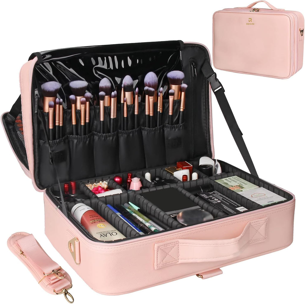 Relavel Makeup Case Large Makeup Bag Professional Train Case 16.5 inches Travel Cosmetic Organizer Brush Holder Waterproof Makeup Artist Storage Box, 3 Layer Large with Adjustable Strap (Pink)