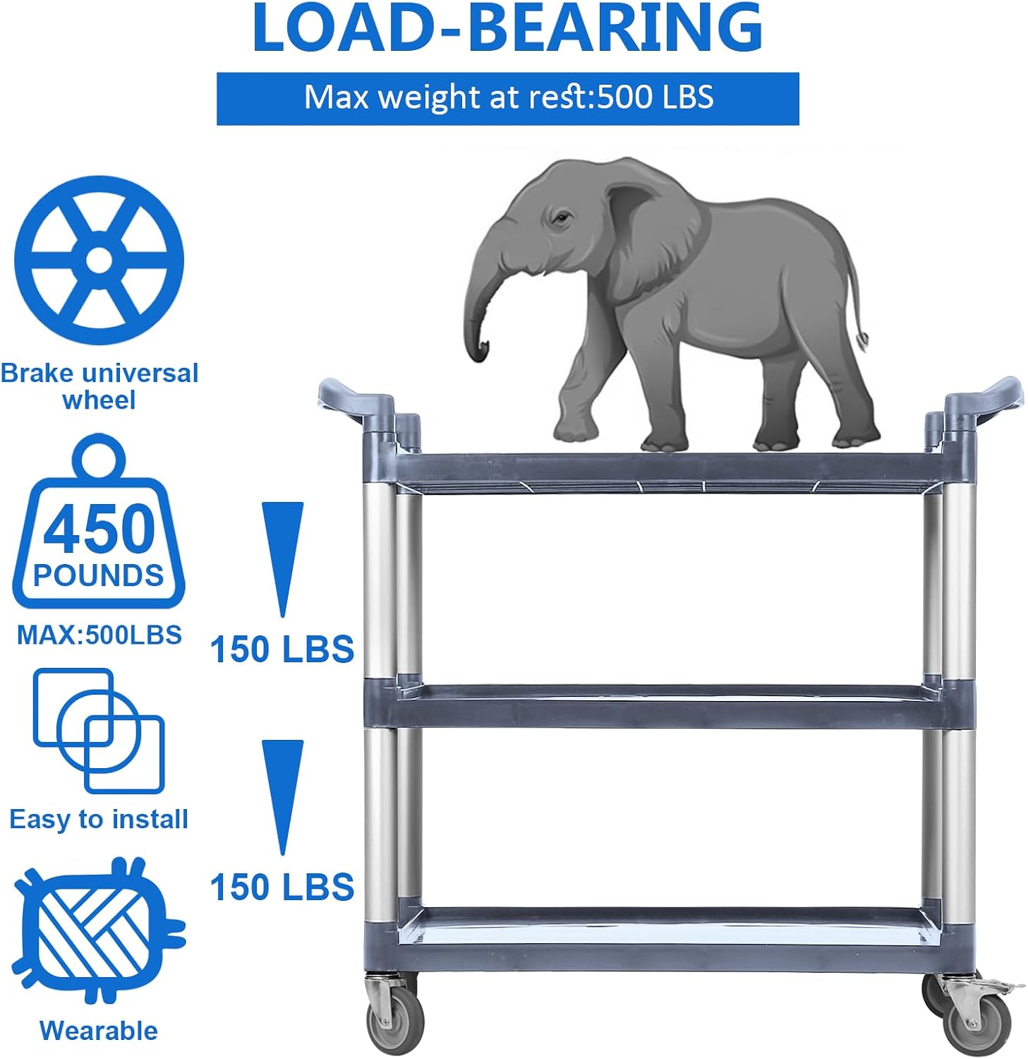 3-Tier Heavy Duty Utility Cart with Wheels, 43" Lx 21" W x 38" H, Durable Rolling Cart for Restaurant, Office, Kitchen, and Warehouse Use, Lockable 360° Swivel Casters Service Cart, Grey