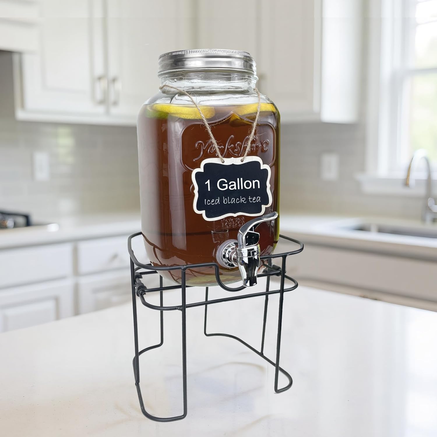 1 Gallon Glass Drink Dispenser for Parties, 1PCS Juice Lemonade Ice Tea Water Dispenser with Stand, HENABLE Beverage Dispensers with Spigot for BBQ, Picnic, Party