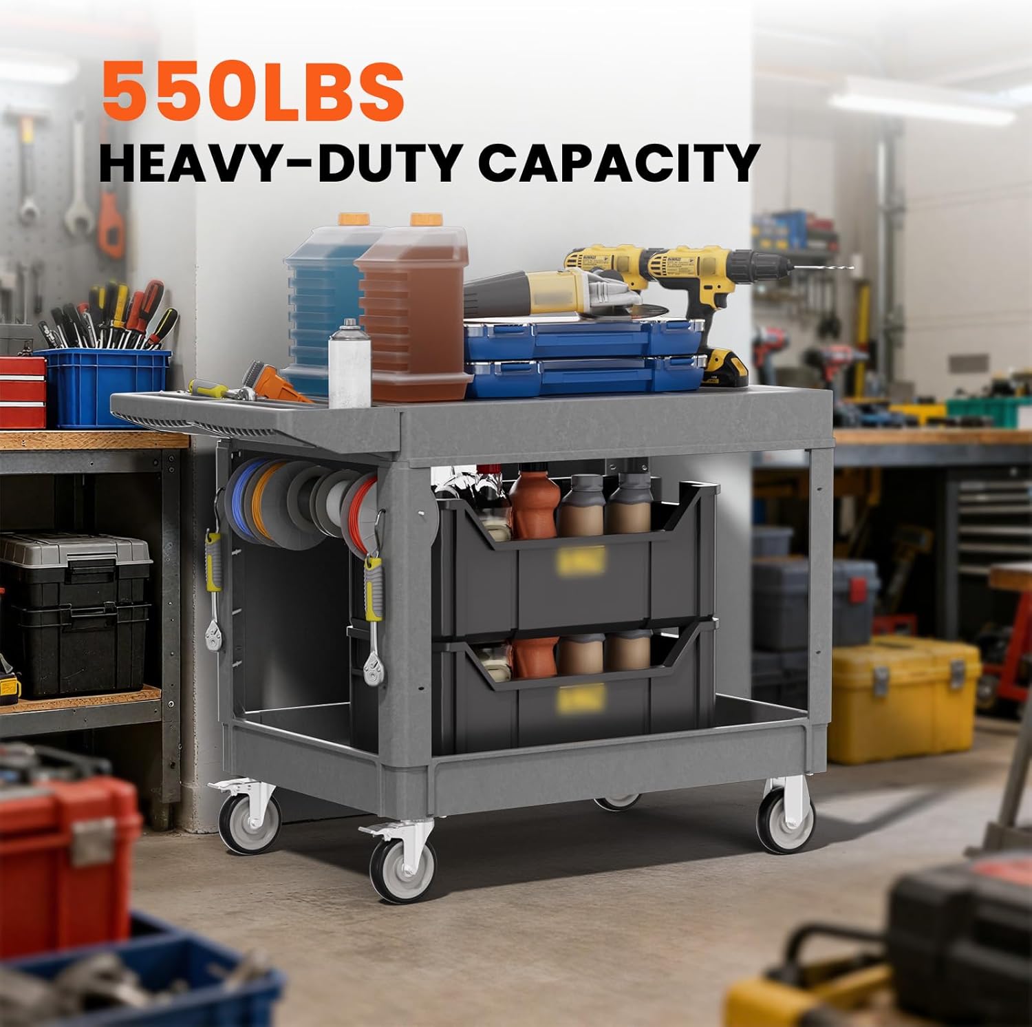 2 Tier Plastic Rolling Utility Cart on Wheels, Heavy Duty Tool Cart with Deep Shelves and 360° Swivel Wheels Holds up to 550 lbs, Service Cart for Garage, Warehouse, Cleaning (Grey-L-Flat Top)