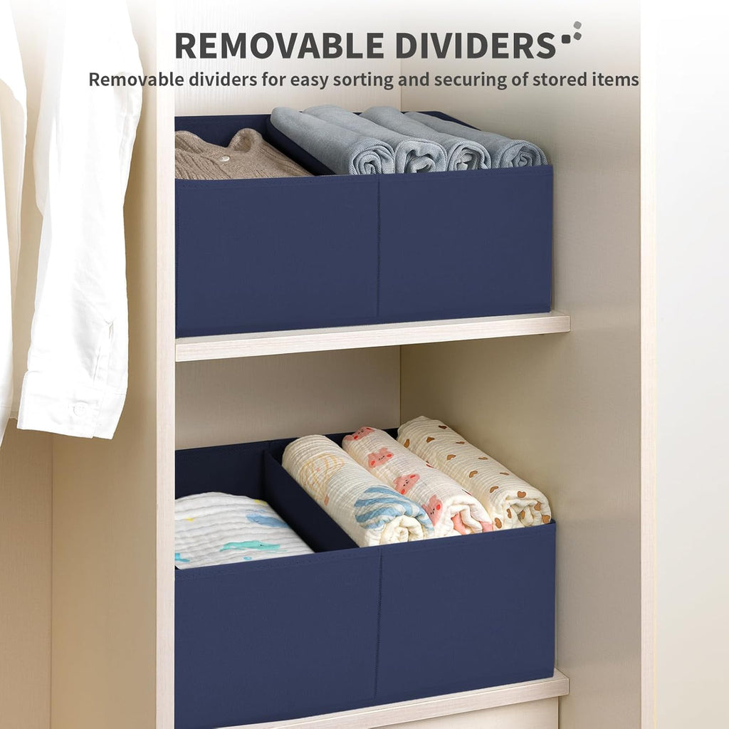 DIMJ Large Closet Shelf Organizer Bins 8Packs with Handles and Divider, Fabric Trapezoid Storage Baskets, Foldable Clothes Containers Box for Shelf, Towel, Book, Toy, Purse, Hats, Navy Blue