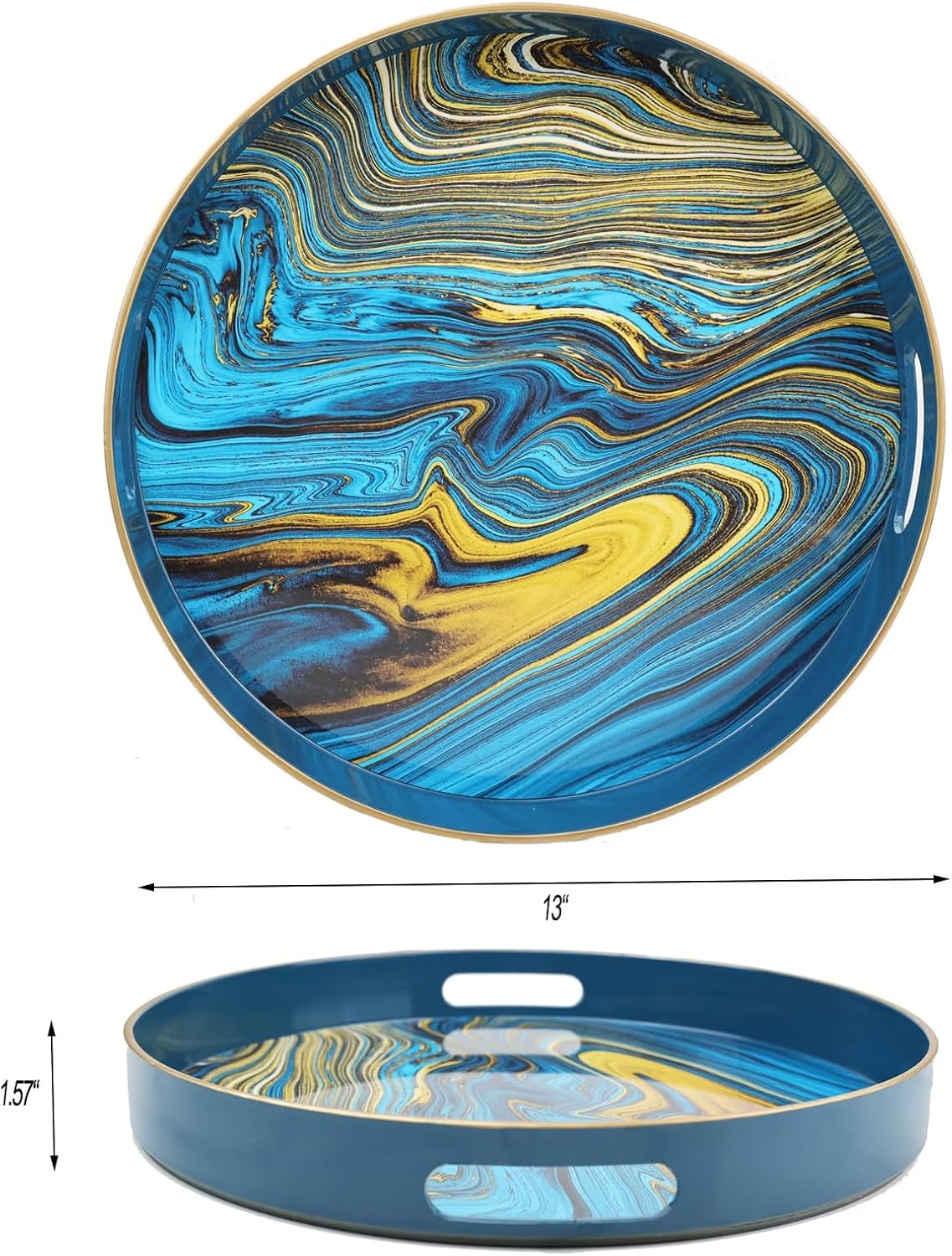 Spsyrine Round Decorative Tray, 13" Plastic Marble Serving Tray with Handles for Breakfast, Ottoman, Coffee Table, Bathroom, Kitchen, Living Room