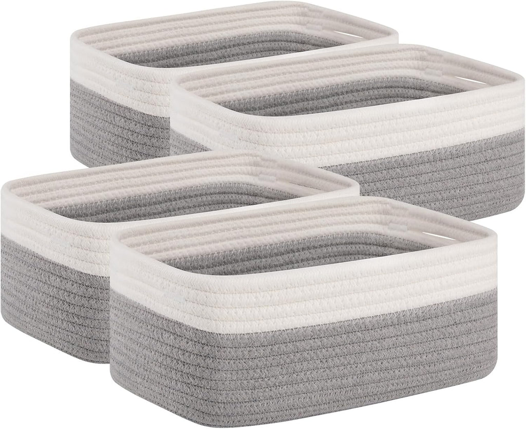 OIAHOMY 4 Pack Storage Baskets for Organizing, Small Bins for Shelves, Cute Decorative Storage Bins, Organizer Baskets for Gifts Empty, 13.8''Lx9.8''Wx5.5''H, Grey/White