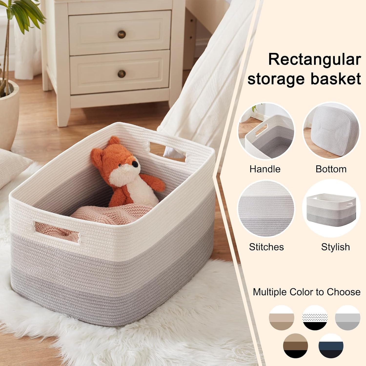 OIAHOMY Large Blanket Basket, 22”x17”x12” Rectangle Woven Baskets, Nursery Blanket Storage Living Room, Toy Storage With Handle, Large Baskets for Organizing-Gradient Grey