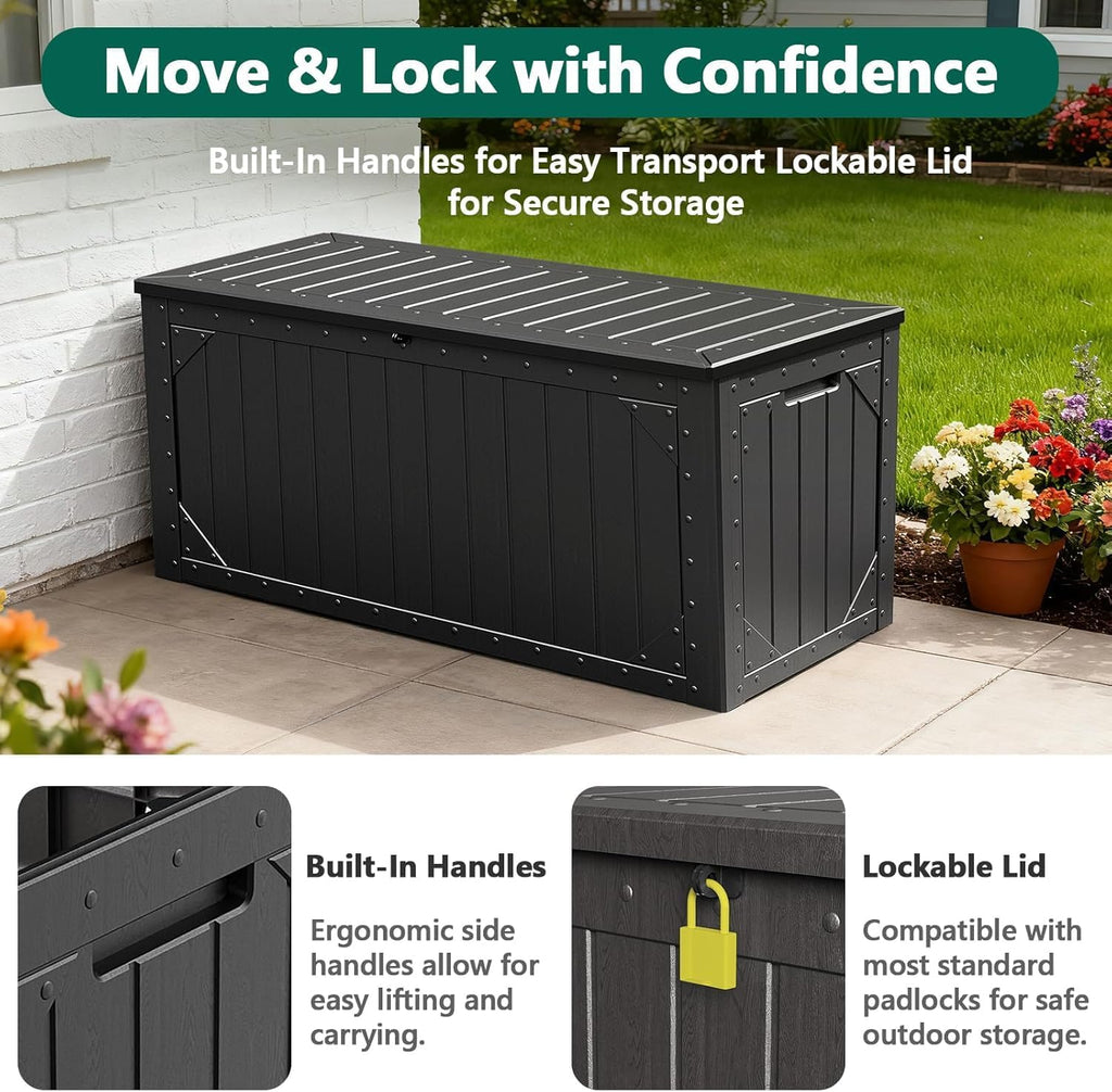 100 Gallon Outdoor Storage Box, Lockable Resin Deck Box for Patio Cushions, Throw Pillows, Garden Tools, Weatherproof Large Outdoor Storage Bench for Yard, Porch, or Balcony