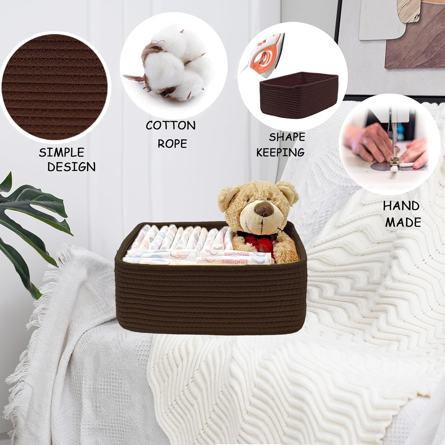 COMFY-HOMI 13" x 8.5" x 5.1" Storage Baskets for Organizing | Cotton Rope Woven Basket | Toy Storage Bin Box | Basket for Shelves, Closet Organizer Bin, Decorative Closet Shelf, 1 Pack,