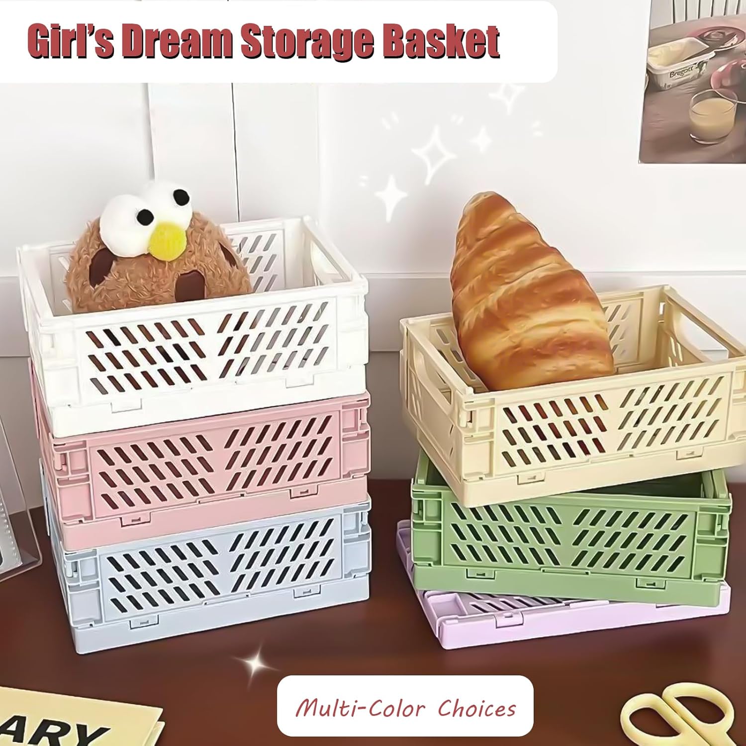 Small Pastel Plastic Storage Bins 2Pcs Foldable Pastel Crates Plastic Basket Colorful Storage Containers Baskets for Classroom Kitchen Office Bedroom Desktop Home Decor (Green 5.8" x 3.8" x 2.2")