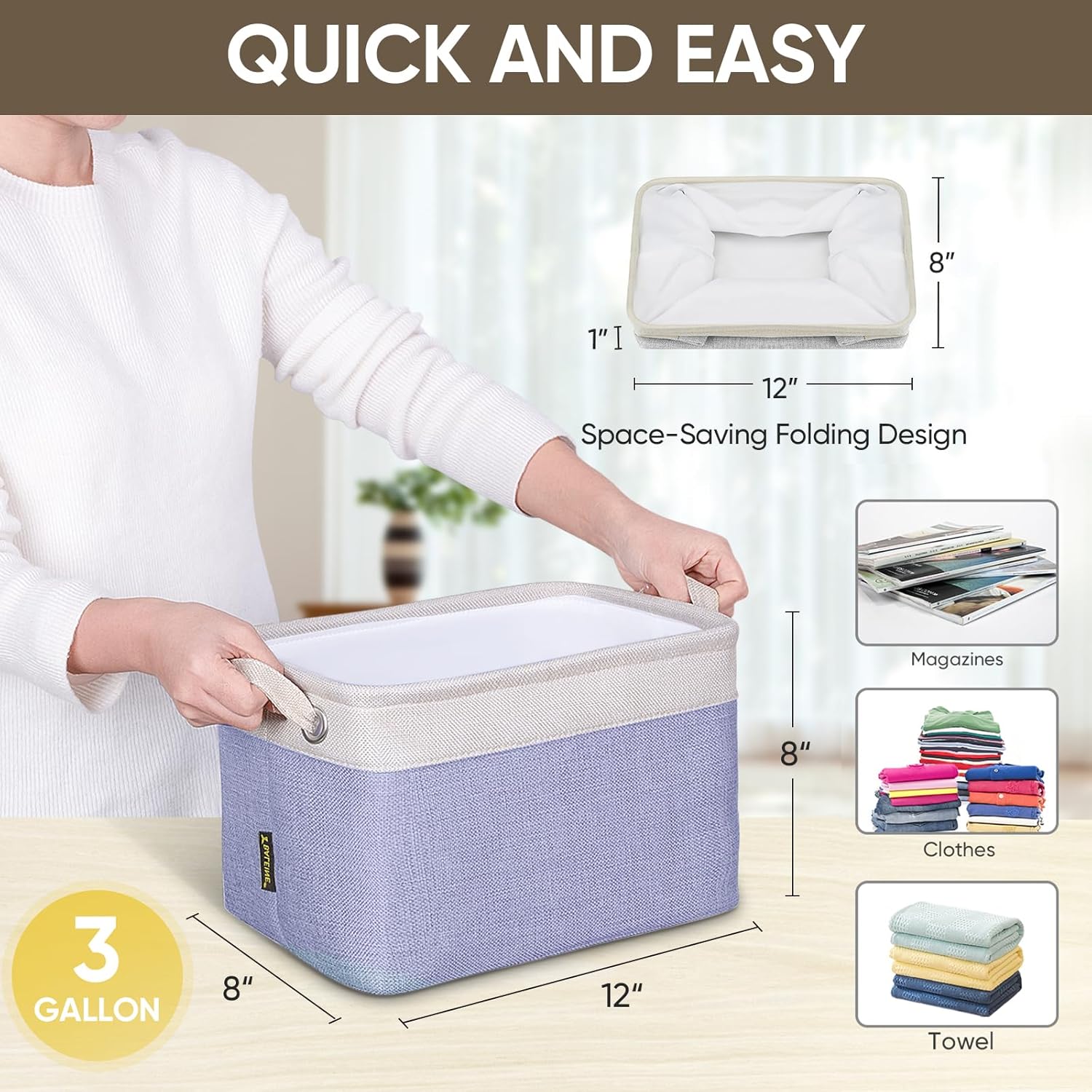 BALEINE 3 Pack Fabric Storage Bins for Shelves, Linen Storage Baskets for Organizing, Decorative Closet Bins for Clothes, Home (Lavender, 12"x8"x8")