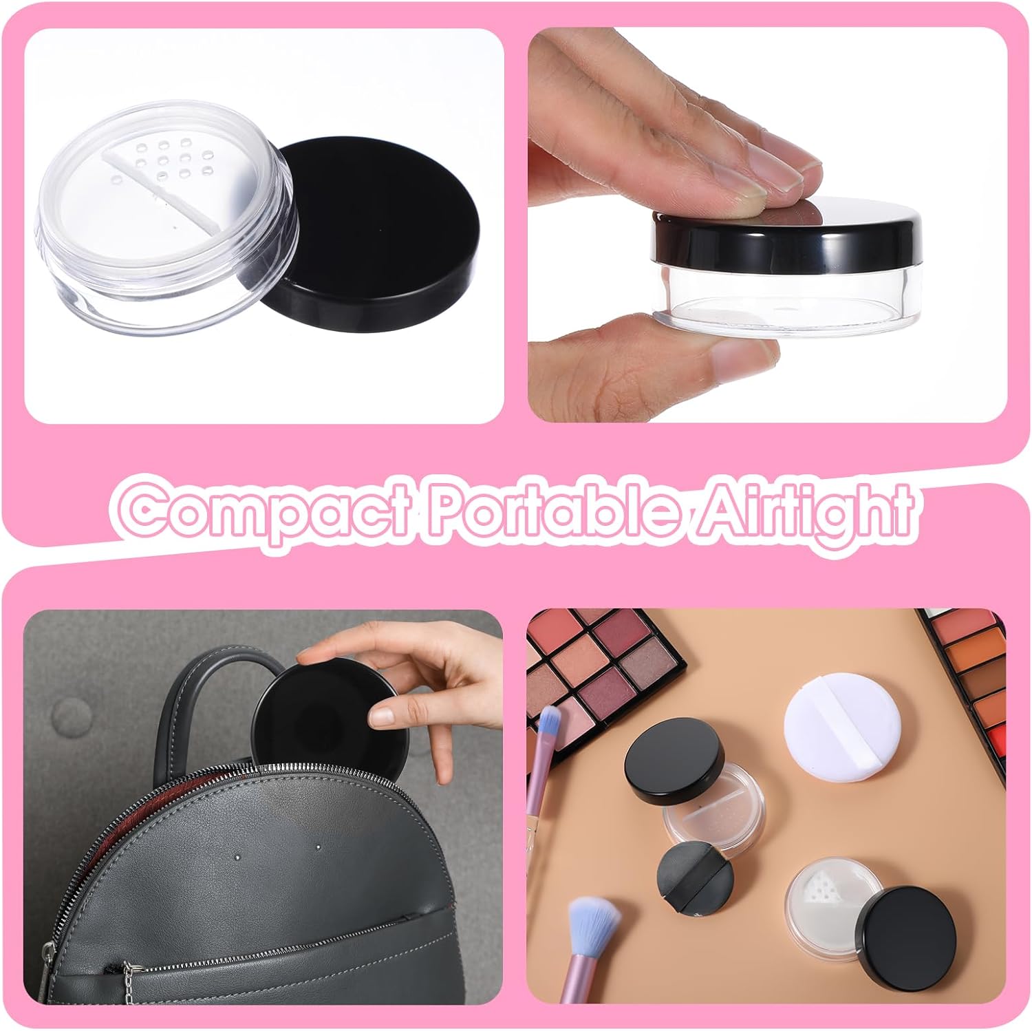 6pcs 10ml/0.34oz Refillable Loose Powder Containers Plastic Empty Travel Small Loose Powder Compact Reusable No Leak Compact with Rotatable Sifter And Black Screw Lid