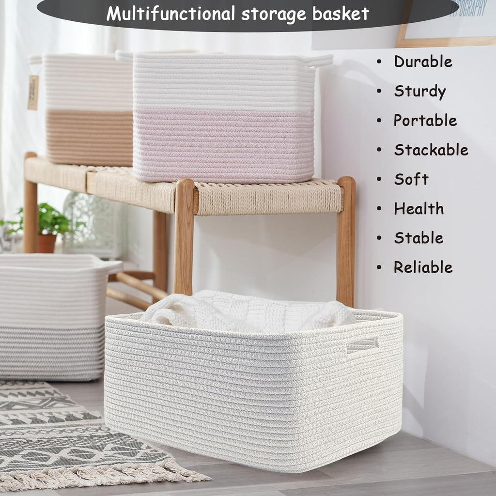 COMFY-HOMI 2 pcs Large Storage Baskets for Shelves, Laundry Basket, Woven Rope Basket, Closet Organizer Bins for Clothes Blanket Towels, Baby Nursery, Gift Toy Baskets, 17” x 13” x 7.5”-White