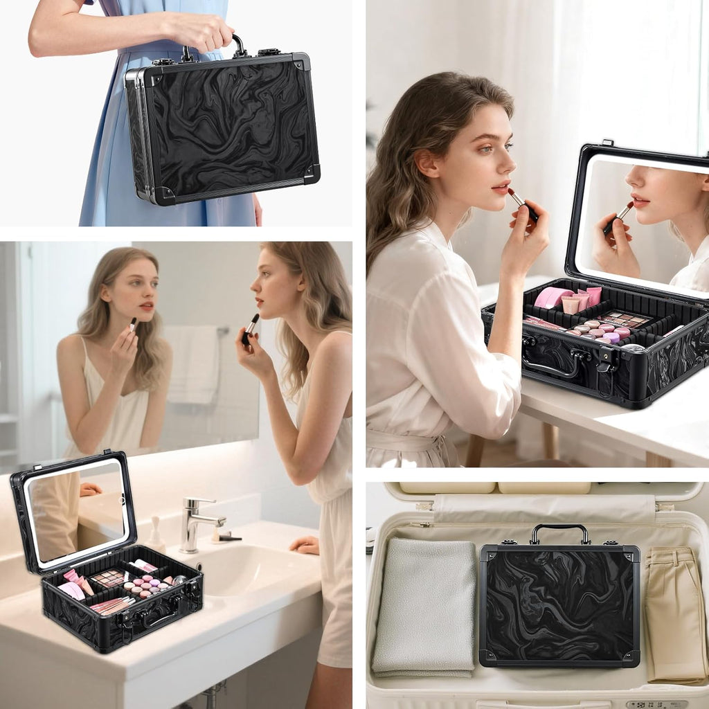 Makeup Case with LED Mirror - Black Fluid-Color Makeup Box with Detachable Lighted Mirror, Travel Cosmetic Train Case Organizer with Adjustable Dividers and Tool Panel for Brushes