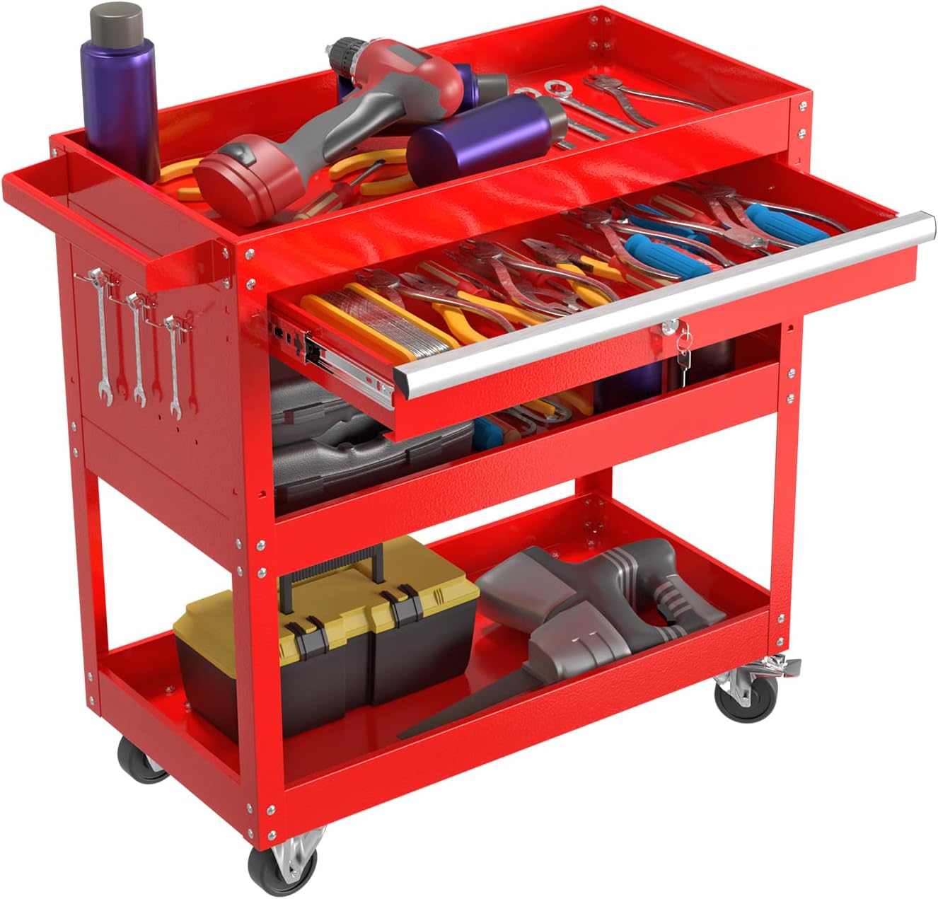 3 Tier Rolling Tool Cart, Tool Carts with Wheels and Drawers, 500 LBS Capacity Service Utility Cart, Mechanic Tool Cart on Wheels for Garage, Warehouse, Repair Shop, Red
