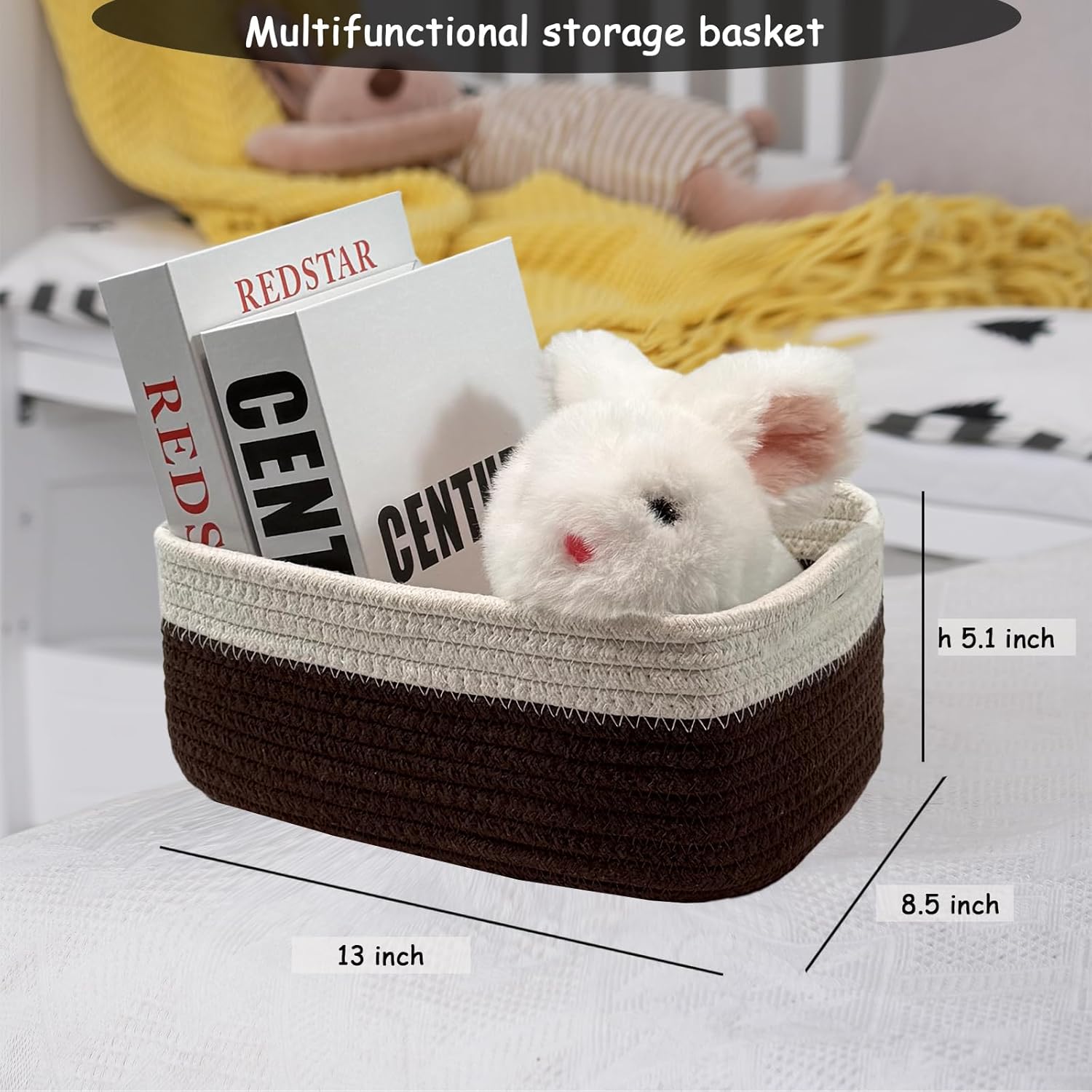 COMFY-HOMI 13" x 8.5" x 5.1"Storage Baskets for Organizing | Cotton Rope Woven Basket | Toy Storage Bin Box | Basket for Shelves, Closet Organizer Bin, Decorative Closet Shelf, 3 Pack,WHT/dark brown