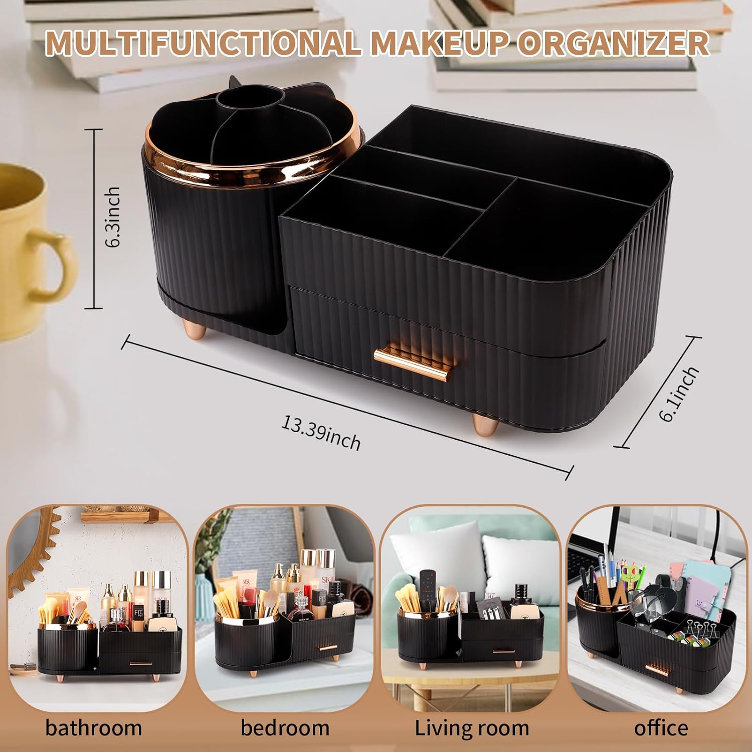 Makeup Organizer for Vanity, Cosmetic Display Case with Drawers, Fits Makeup, Skincare Products, Brushes, Lipsticks, and Other Accessories, Versatile Storage Solution (Black)